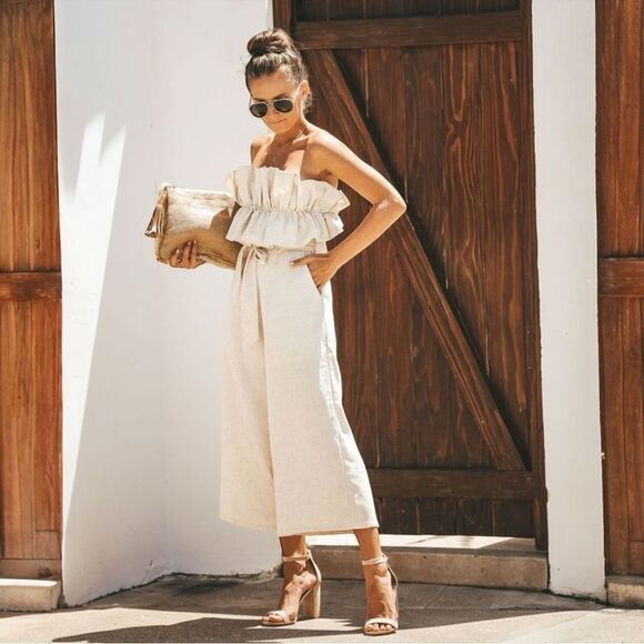 Aura Ruffle Crop Top Jumpsuit Ivory Size Small - Picture 5 of 7